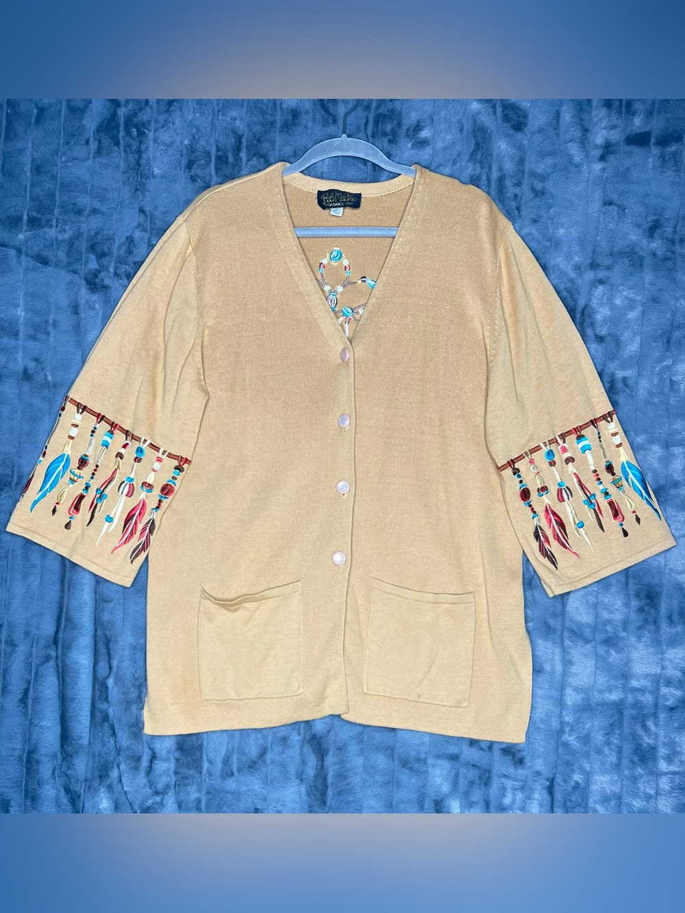 Vintage Bob Mackie Wearable Art Dreamcatcher Beaded Feather Cardigan XL